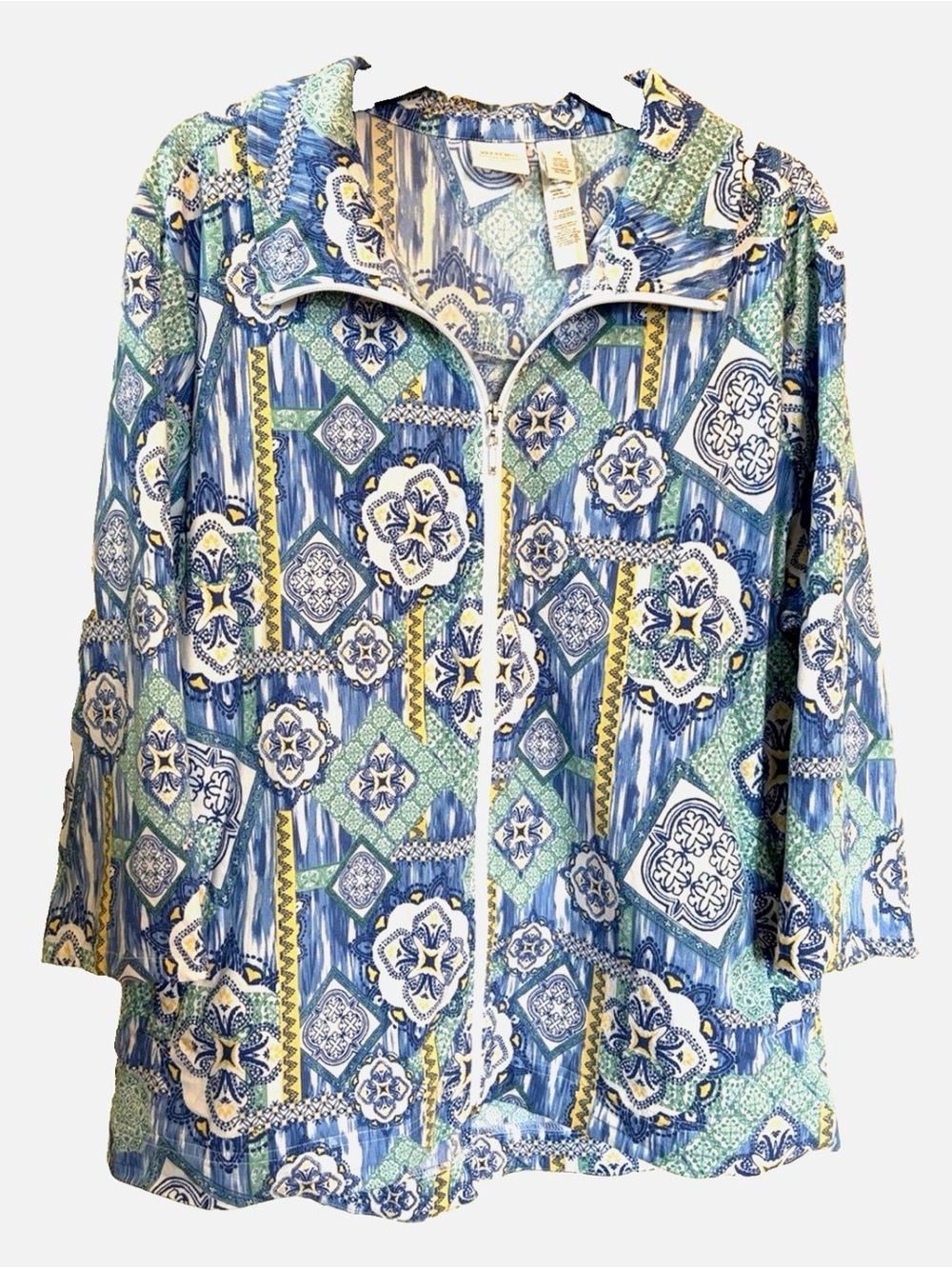Chico’s Weekends Perfect Stretch Jacket Size 3 XL Blue Green Print Zip Front